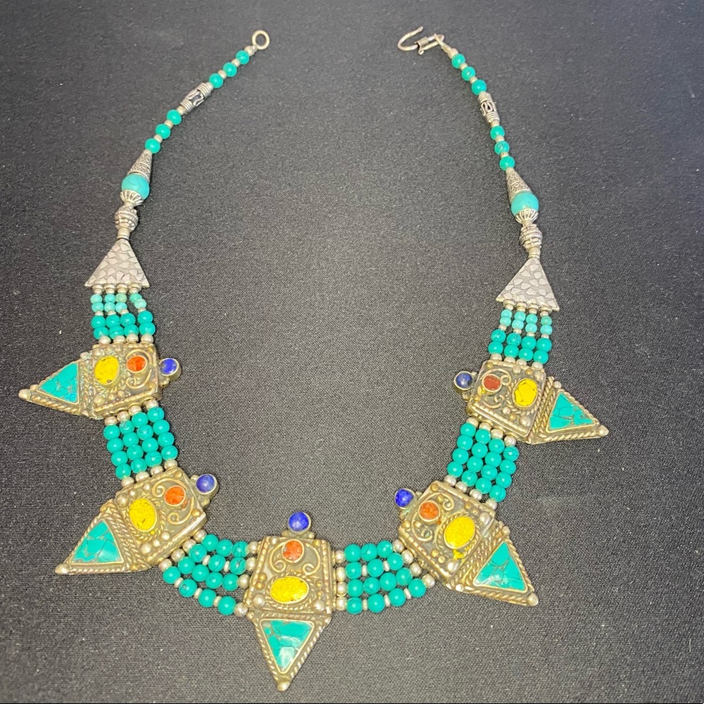 Beautiful handmade multi-colored stone necklace set in metal. Made in Nepal. - Picture 3 of 4